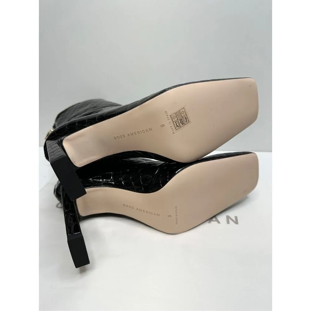 Good American Boots Womens Size 9 Black Square Toe Croc Embossed Ankle Booties - Image 11