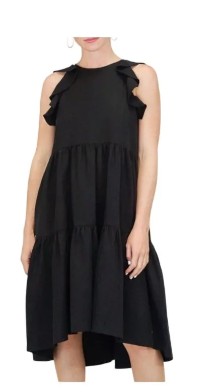 Ulla Johnson Sienna Midi Dress, Size 0, Jet Black Tiered Skirt Cascade Ruffles - Image 1