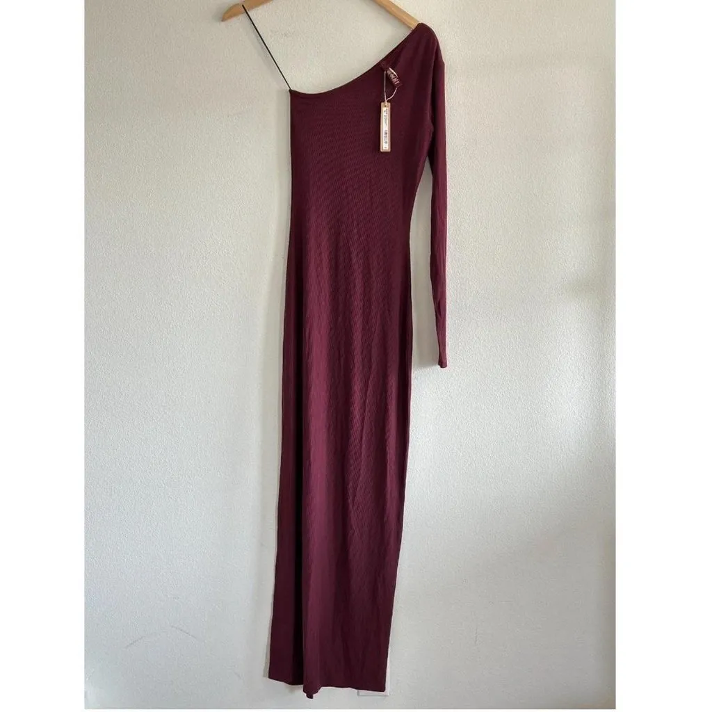 Skims Soft Lounge One Shoulder Long Dress in Bordeaux, Size Small - Image 5