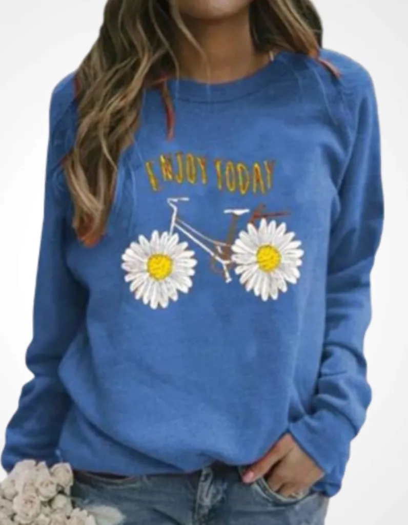 Blue Graphic Sweatshirt with Daisy Bicycle Design “Enjoy Today” XL - Image 1