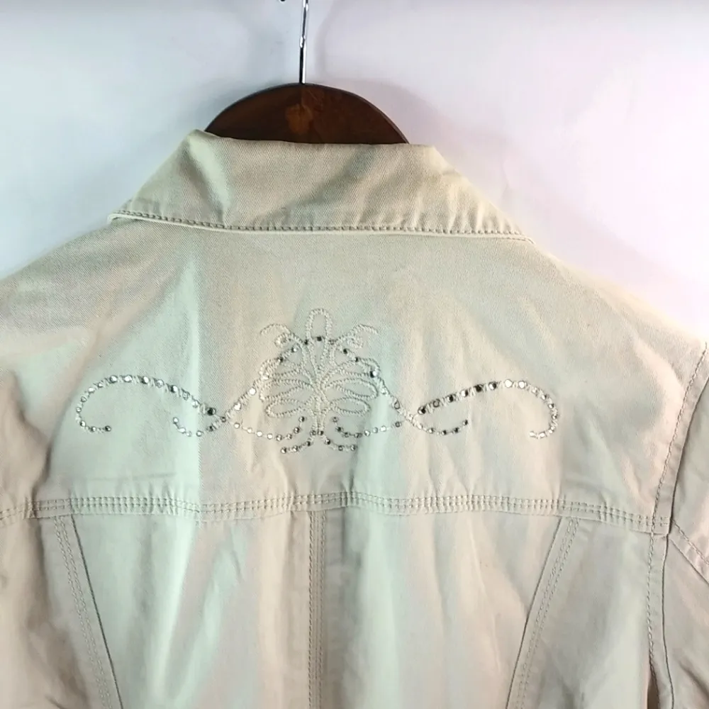 Chicos S White Crystal Studded Jeans Jacket - Image 2