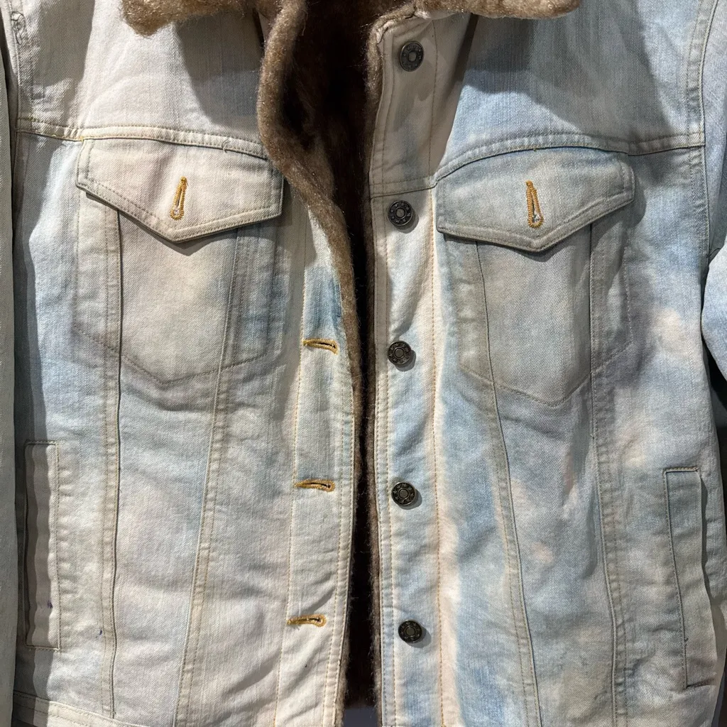 VINTAGE Marvin‎ Richards Jacket Medium Denim Faux Fur Lined Coat Distressed - Image 4