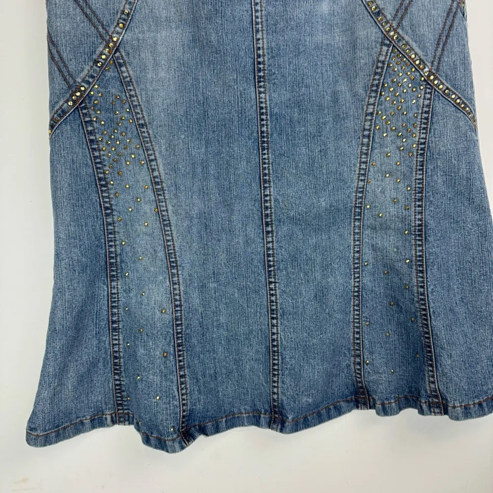 Y2K Denim Embellished Midi Skirt Sz 6 Flare Hem Blue - Image 5