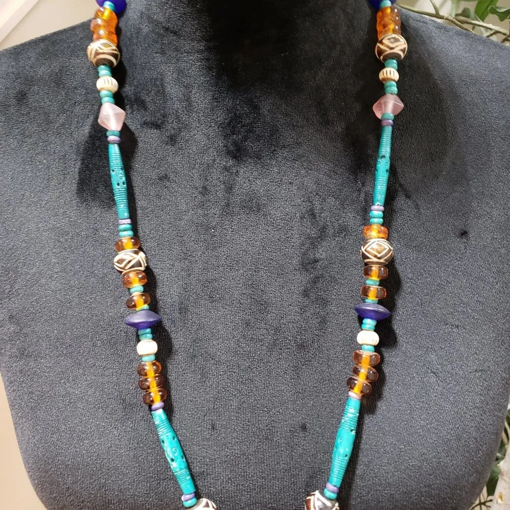 Womens Multi Stone & Turquoise Single Stand Fashion Jewellery Necklace Blue - Image 2