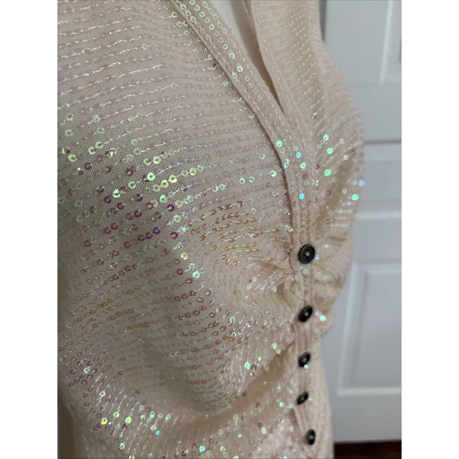 FREE PEOPLE SEQUIN Champagne Dream Top Blouse Sheer Sparkle Holiday Large - Image 2