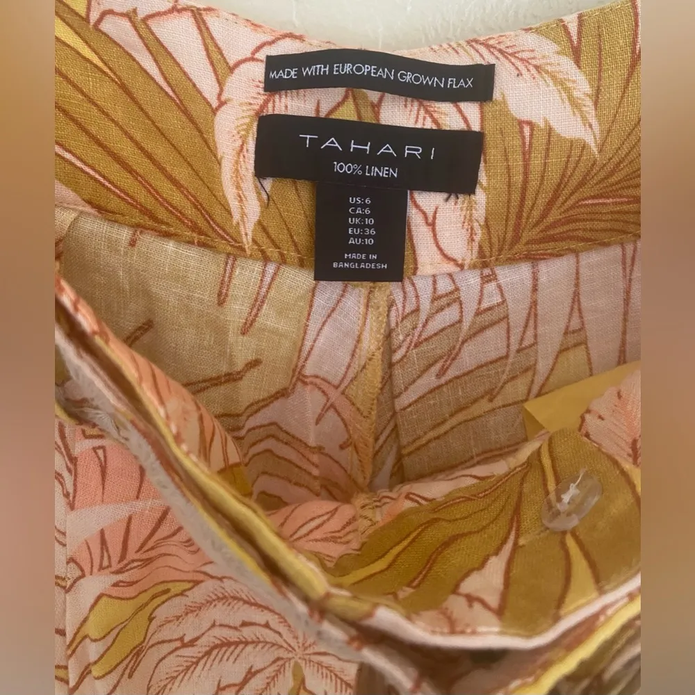 TAHARI 100% EUROPEAN FLAX LINEN Shorts Tropical Floral Womens 6 Orange/ Yellow - Image 2