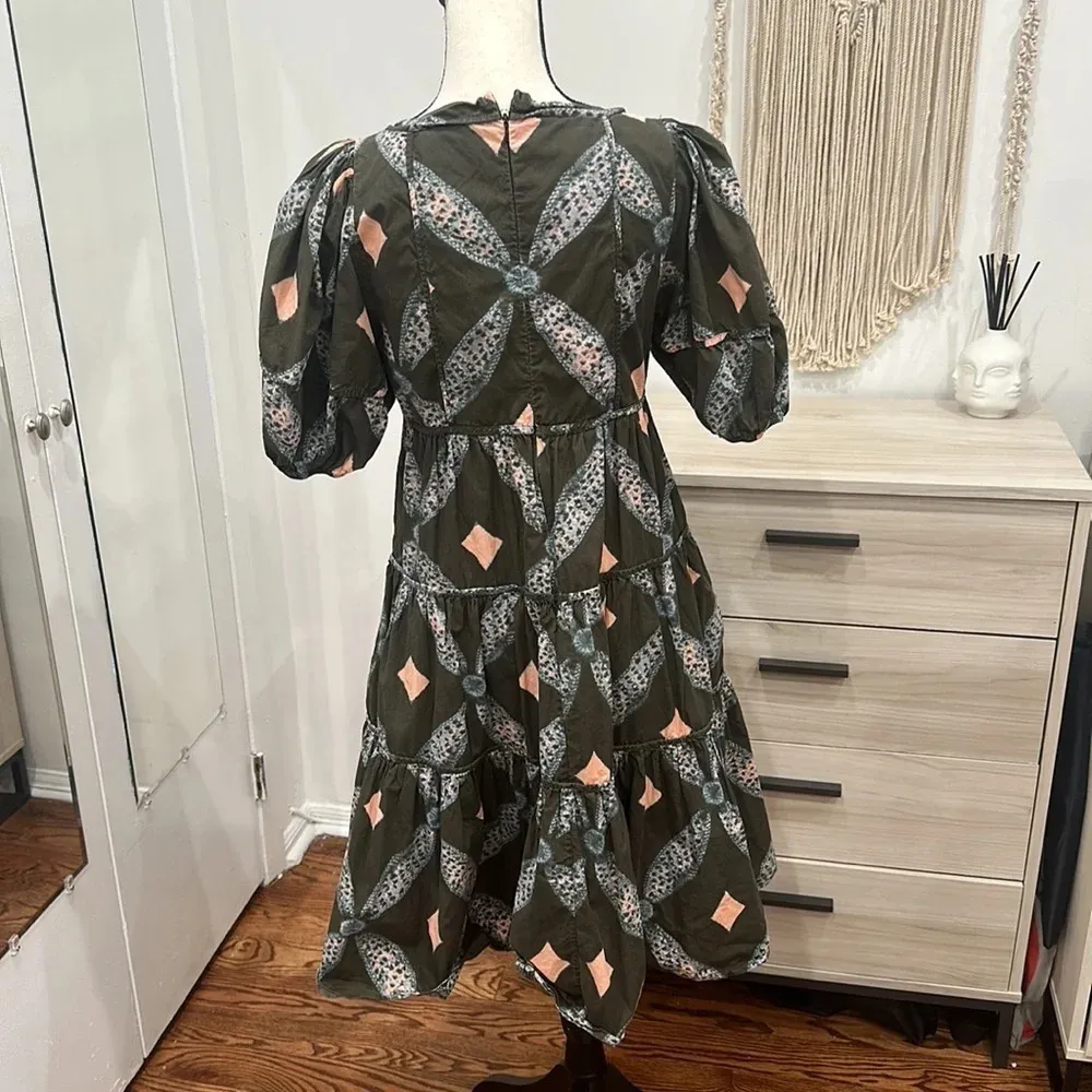 EUC ULLA JOHNSON Nora Tiered Puff Sleeve Cotton Army Green Midi Dress 8 - Image 7