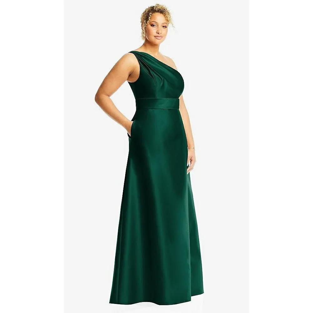 Alfred Sung Draped One-Shoulder Satin Maxi Dress With Pockets Size 6 - Image 5