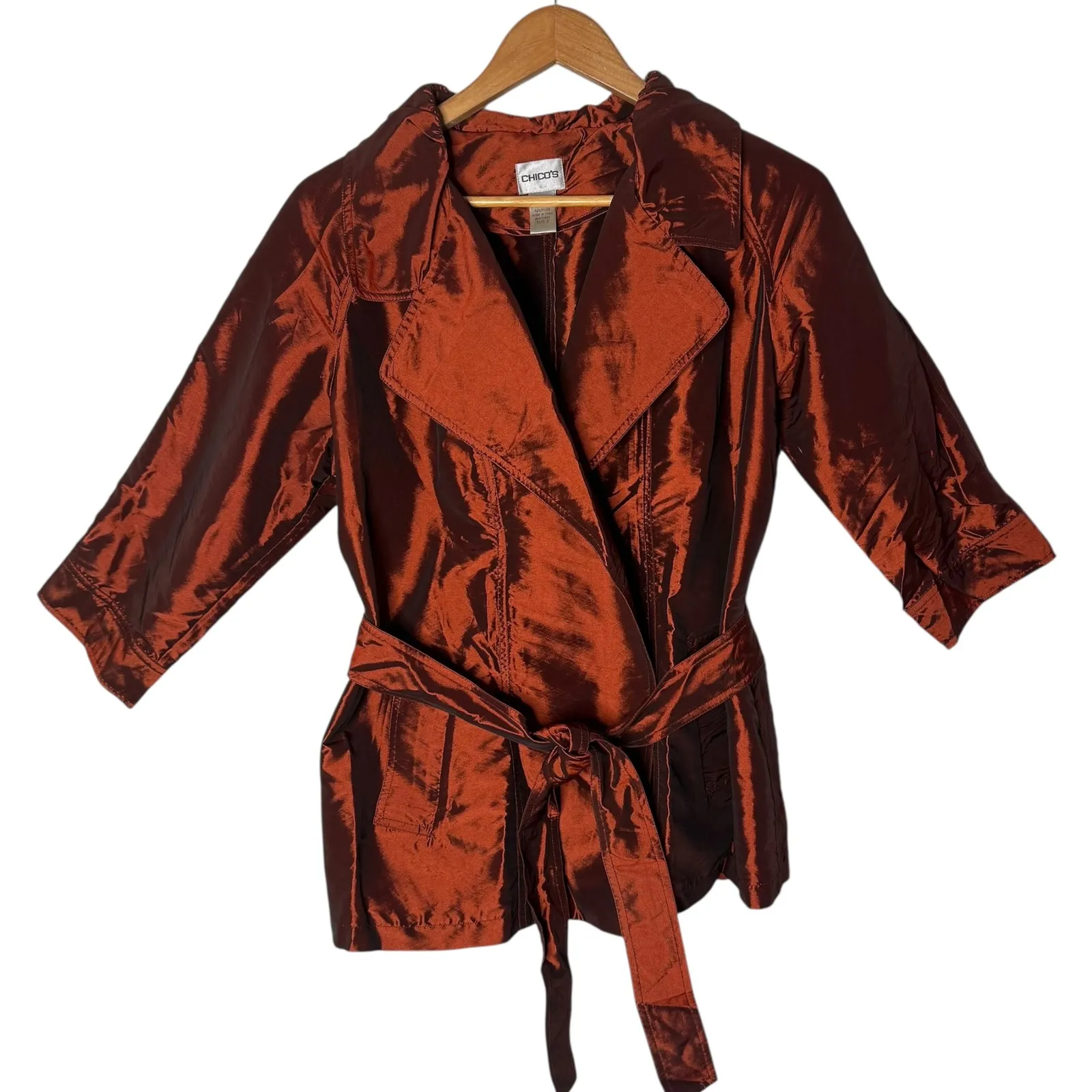 Chico's Belted‎ Jacket Size 2 US M 3/4 Sleeve Shiny Tafetta Statement Maximalist - Image 2