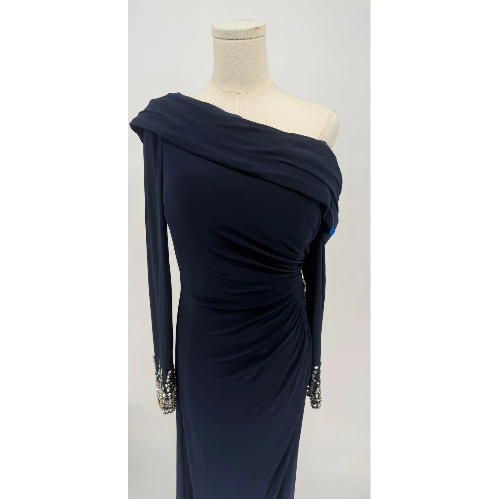 New! MAC‎ DUGGAL #12231 Beaded Cuff Drop Shoulder Faux Wrap
Gown Navy Sz 8 $398 - Image 9