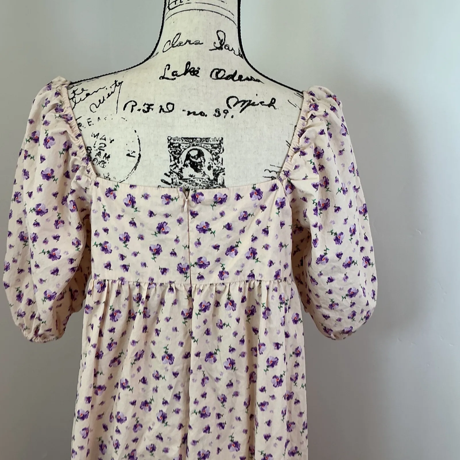 Fourteenth Place Purple Floral Print‎ Square Neck Midi Dress Puff Sleeve L - Image 7