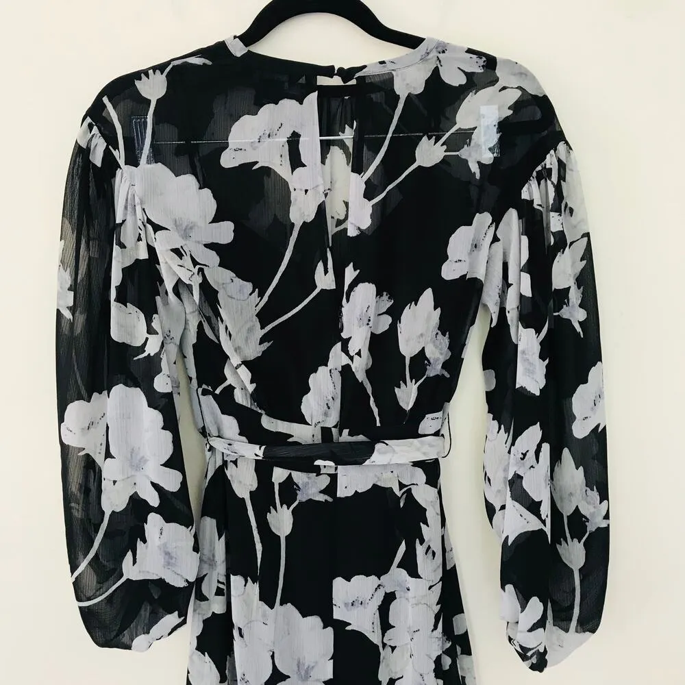 Club Monaco Linettah Midi Dress Black Gray Floral Tie Women's Size 00 - Image 9