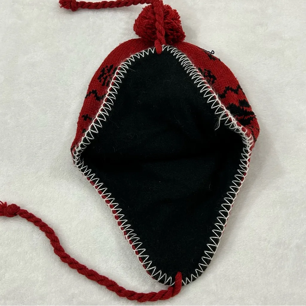 Knitted Nepalese Winter Ski Red Pom Pom Ear Flaps Tassels Wool Beanie Hat Cap - Image 3