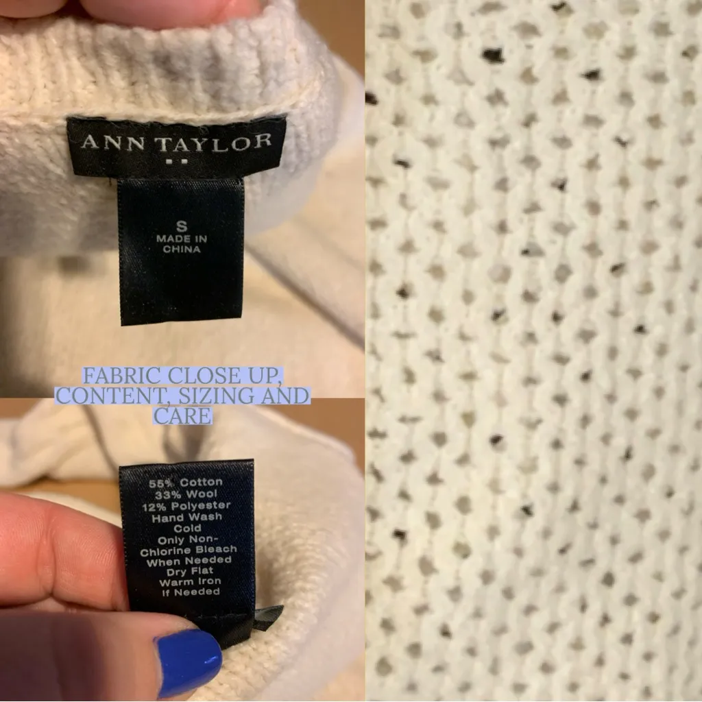 ANN TAYLOR CREAM CABLE KNIT COTTON & WOOL BLEND CREW NECK SWEATER (S) - Image 7