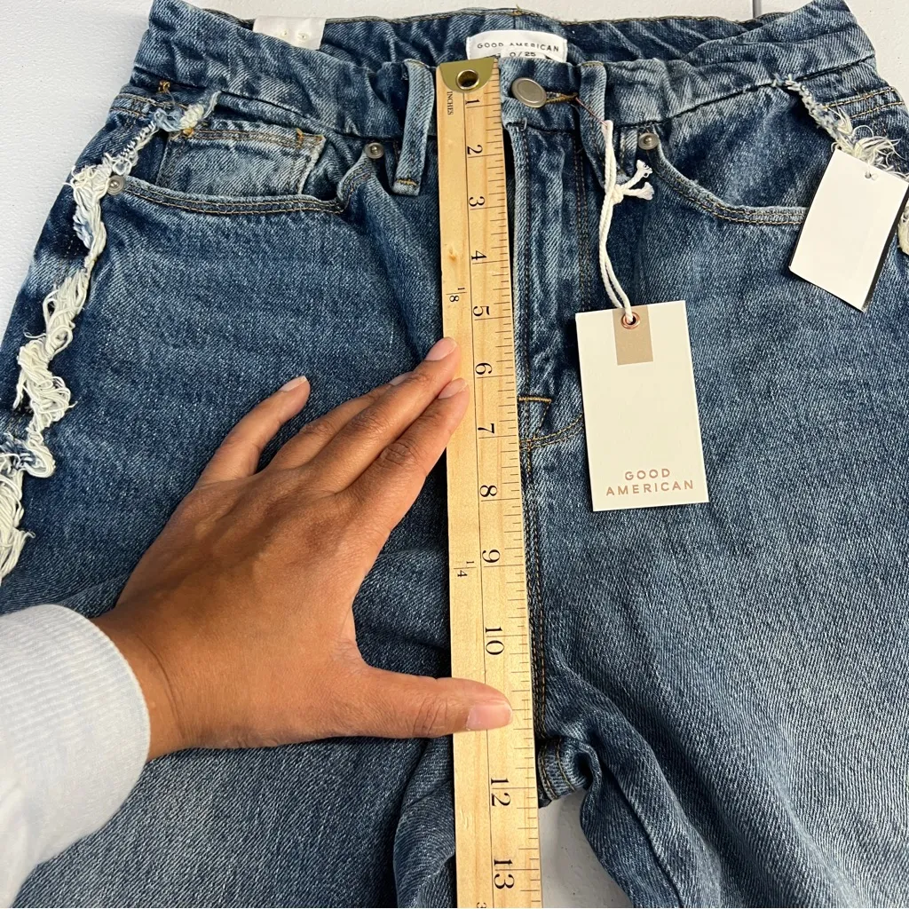 Good American Good Boy Side Fray High Rise Medium Wash Blue Straight Leg Jeans 0 - Image 15