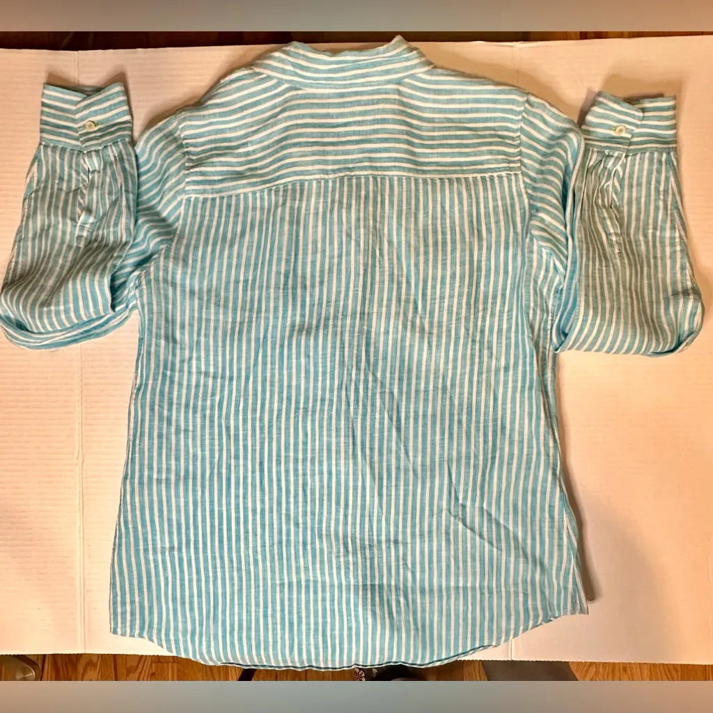 Talbots striped linen button up long sleeve small white and baby blue collared‎ - Image 13