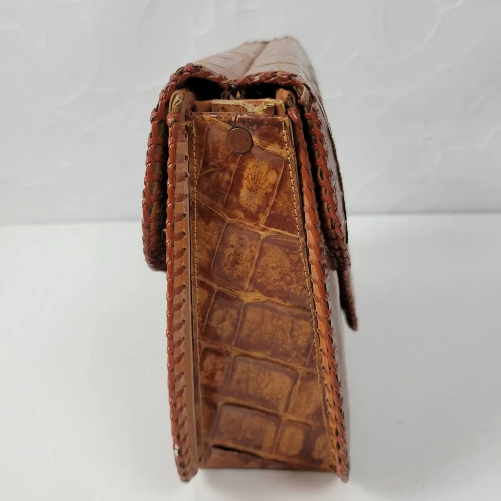 Vintage Womens Genuine Alligator Skin Leather Clutch Purse Cognac Brown Handmade - Image 11