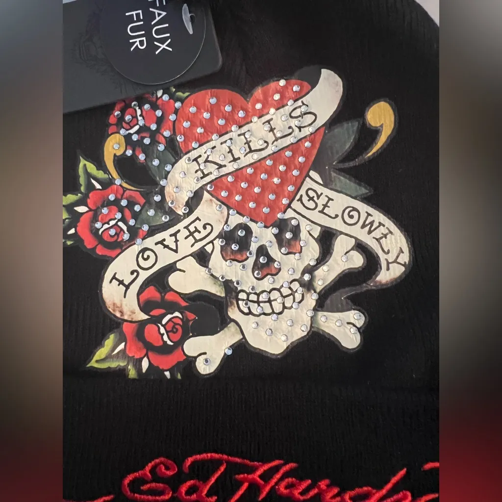 Ed Hardy Beanie Hat Set Love Kills Slowly Faux Fur Skull New - Image 3