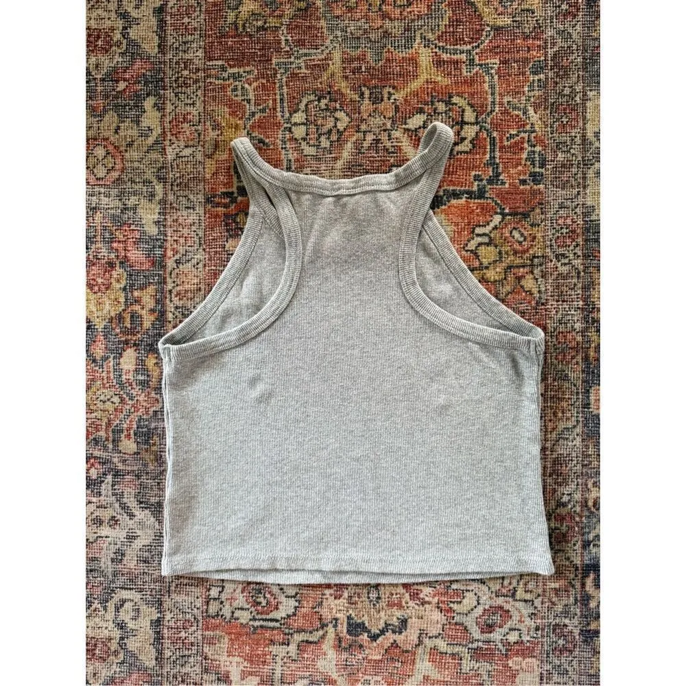 Open Edit  Medium Grey Ribbed Crop Racerback Tank Top - Image 5