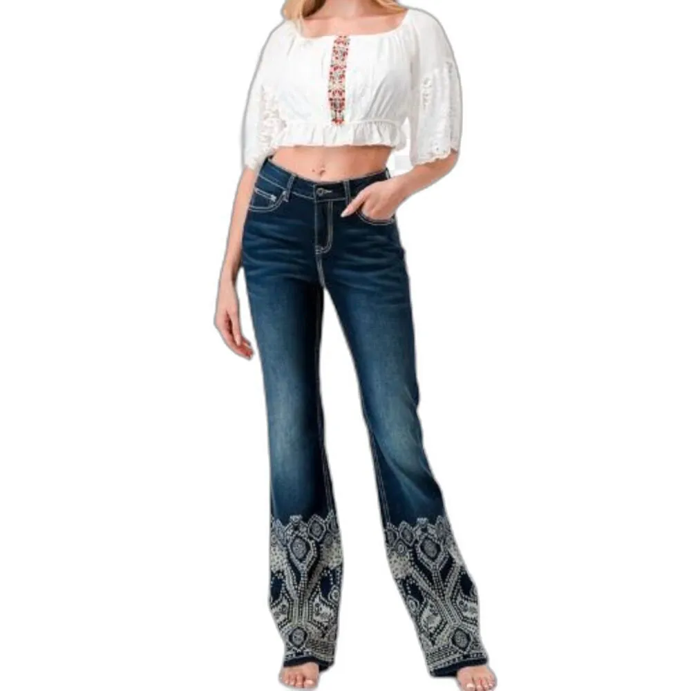 GRACE Cowgirl womens high rise bootcut jeans blue rodeo western denim print 28 - Image 12