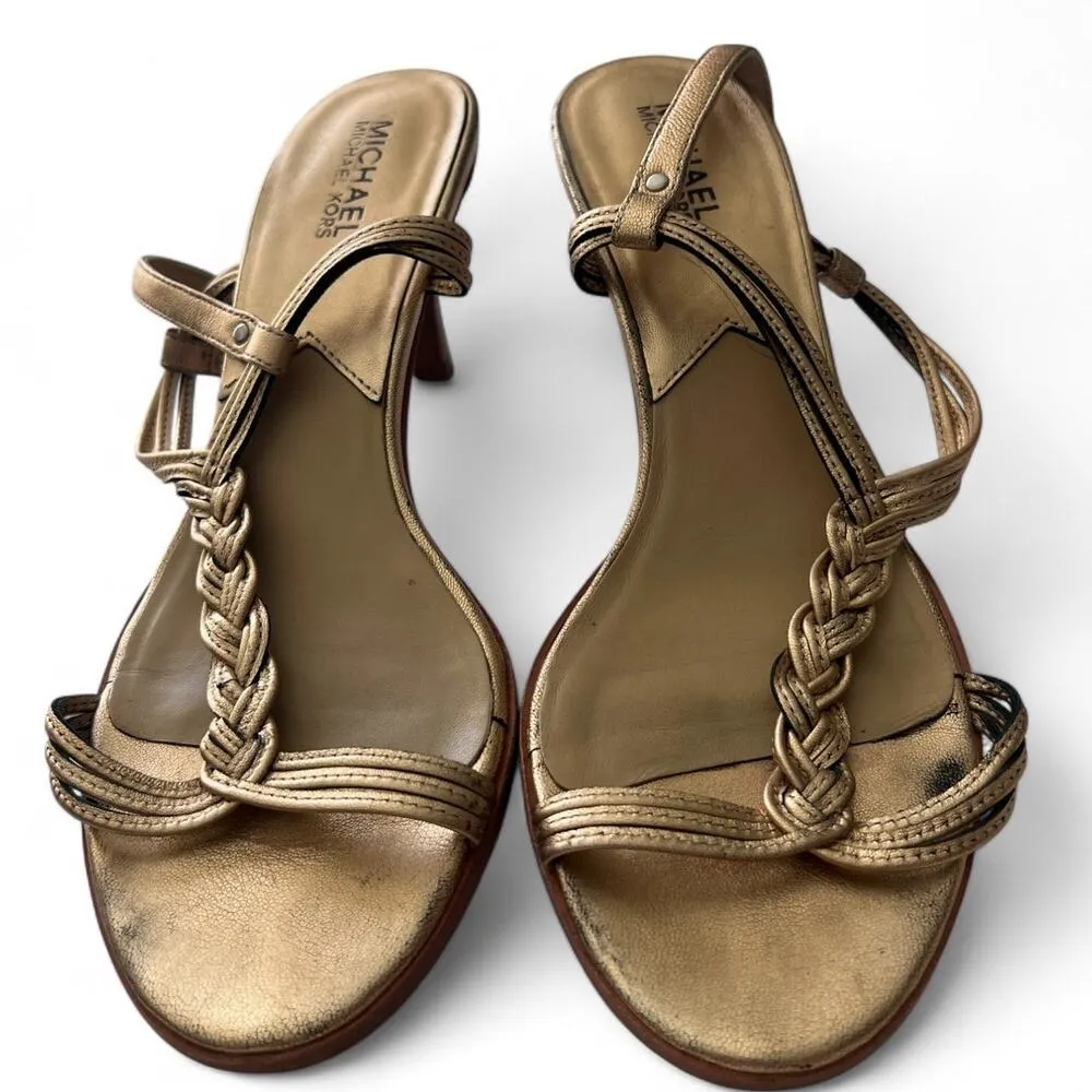 Michael Kors 9 Kitten Heel Sandal Metallic Gold Ankle Strap Braided Women - Image 2