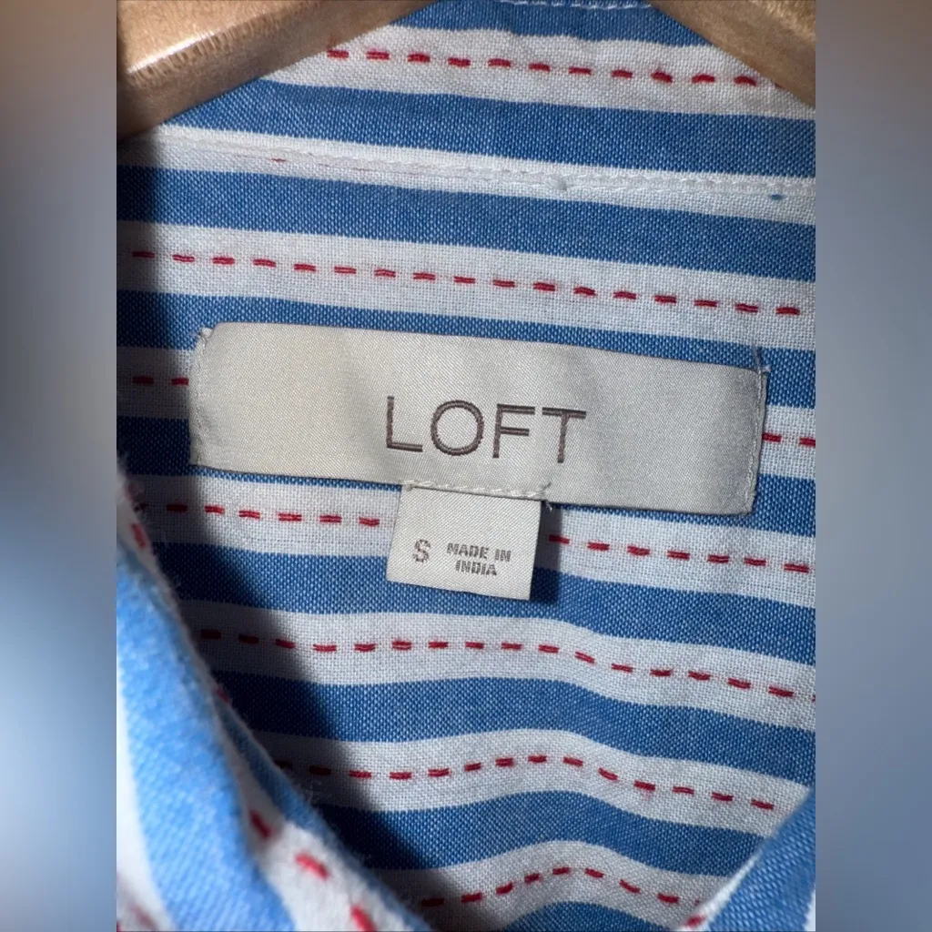 Loft Camp Shirt Button Down Short Sleeve Blue‎ White Red Stripe Small - Image 3