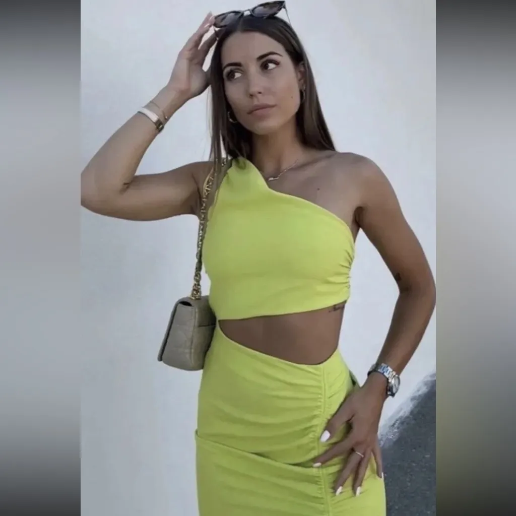 ZARA Green Yellow Ruched Dress Body Con One Shoulder MIDI Set Small - Image 8