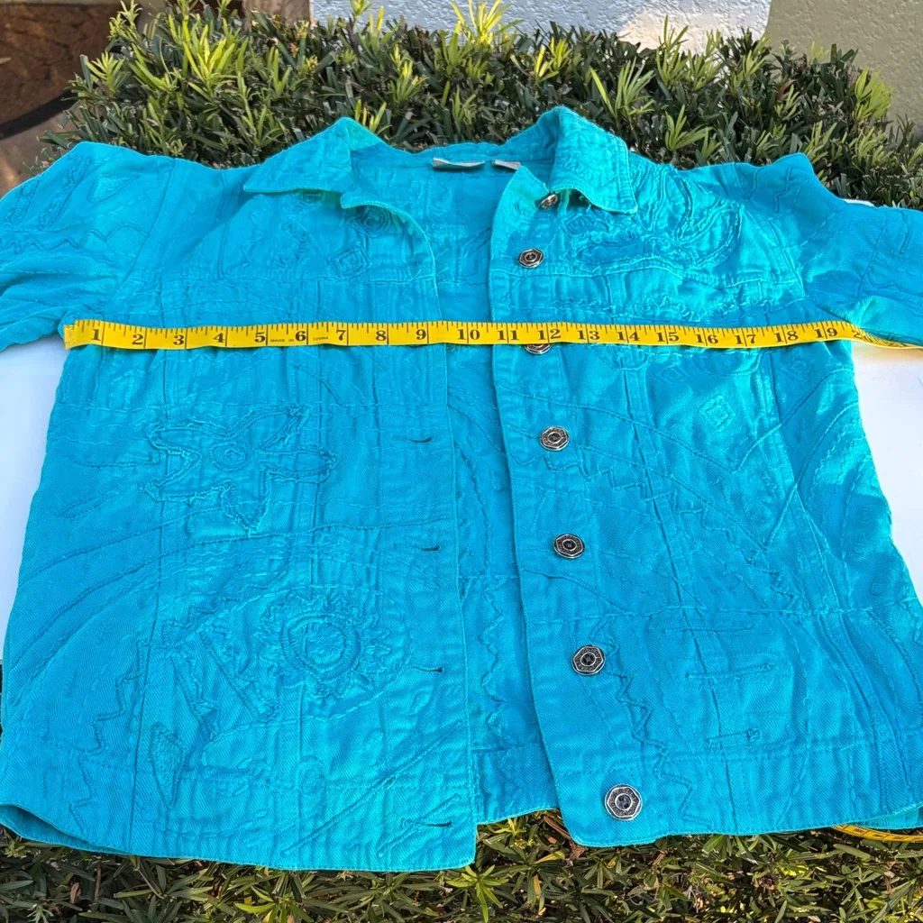 Vintage Chico's Turquoise Cotton Embroidered Denim Jacket - Image 6