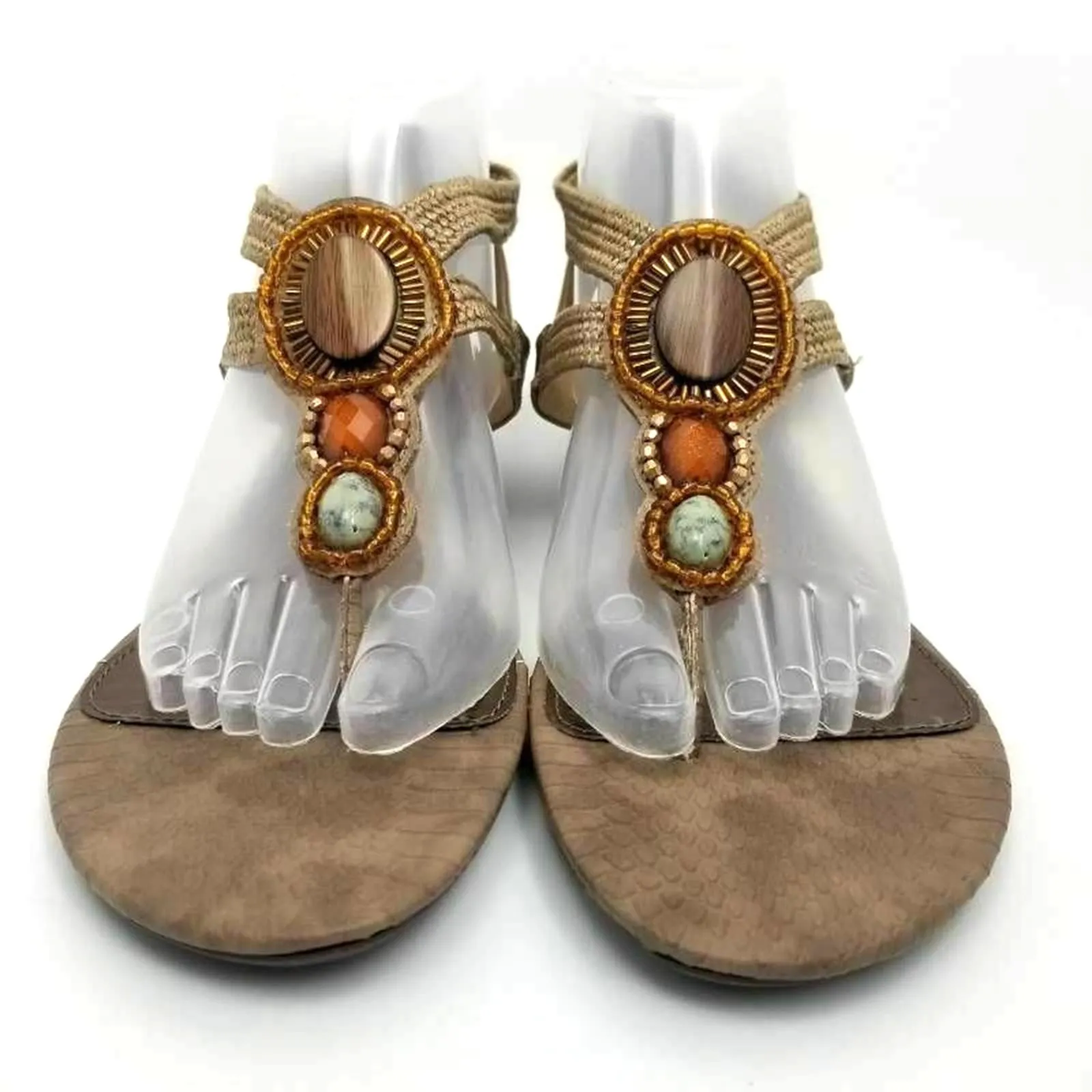 Mia Womens Rosy Low Wedge Thong Gold Beaded Jeweled Sandal Size 9.5 - Image 11