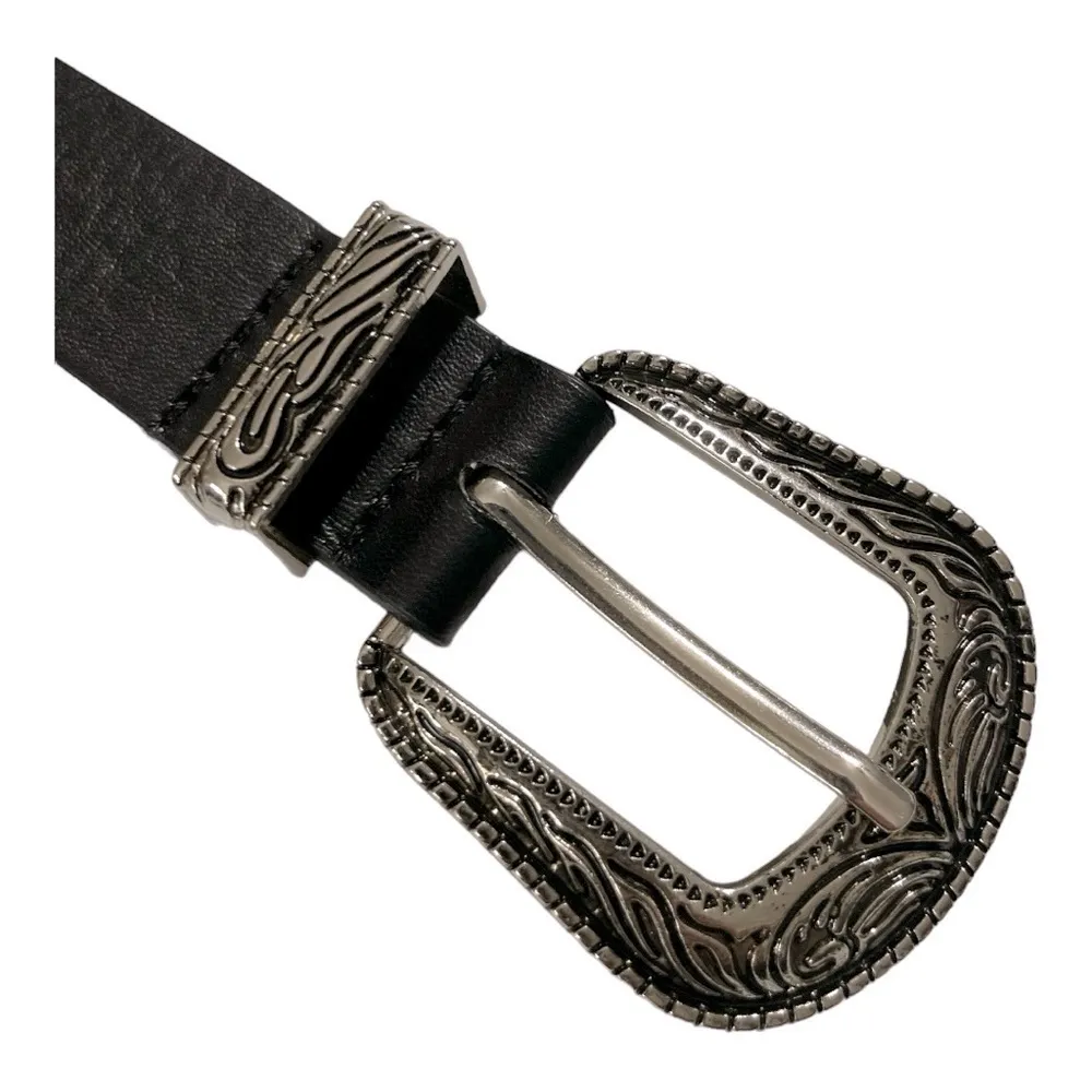 Black Leather Western Engraved Silver Buckle Belt | Size 27 | Boho Cowgirl - Image 6