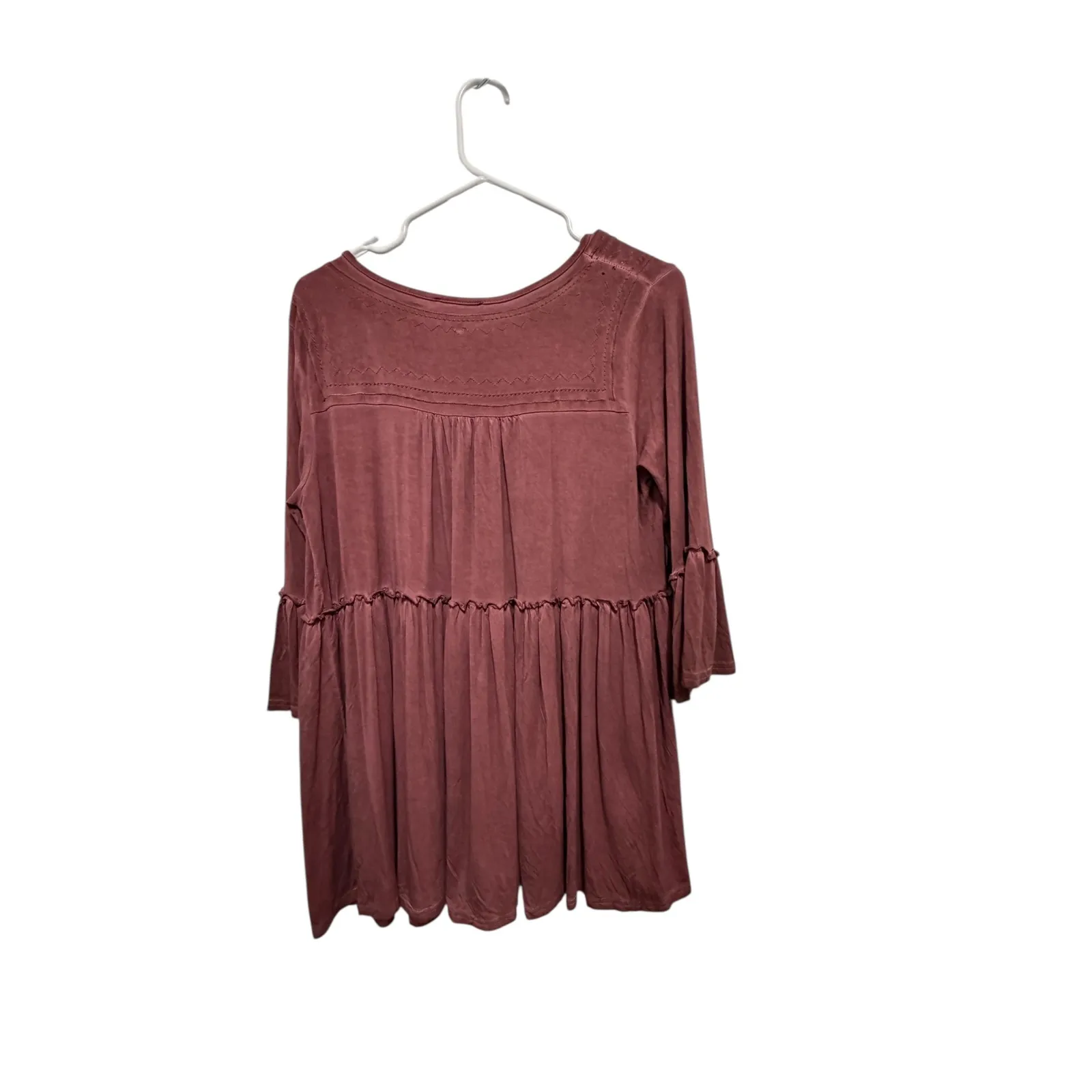 POL Dusty Rose Tiered Ruffle Sleeve Tie Neck Boho Tunic Top Shirt Dress - Image 5