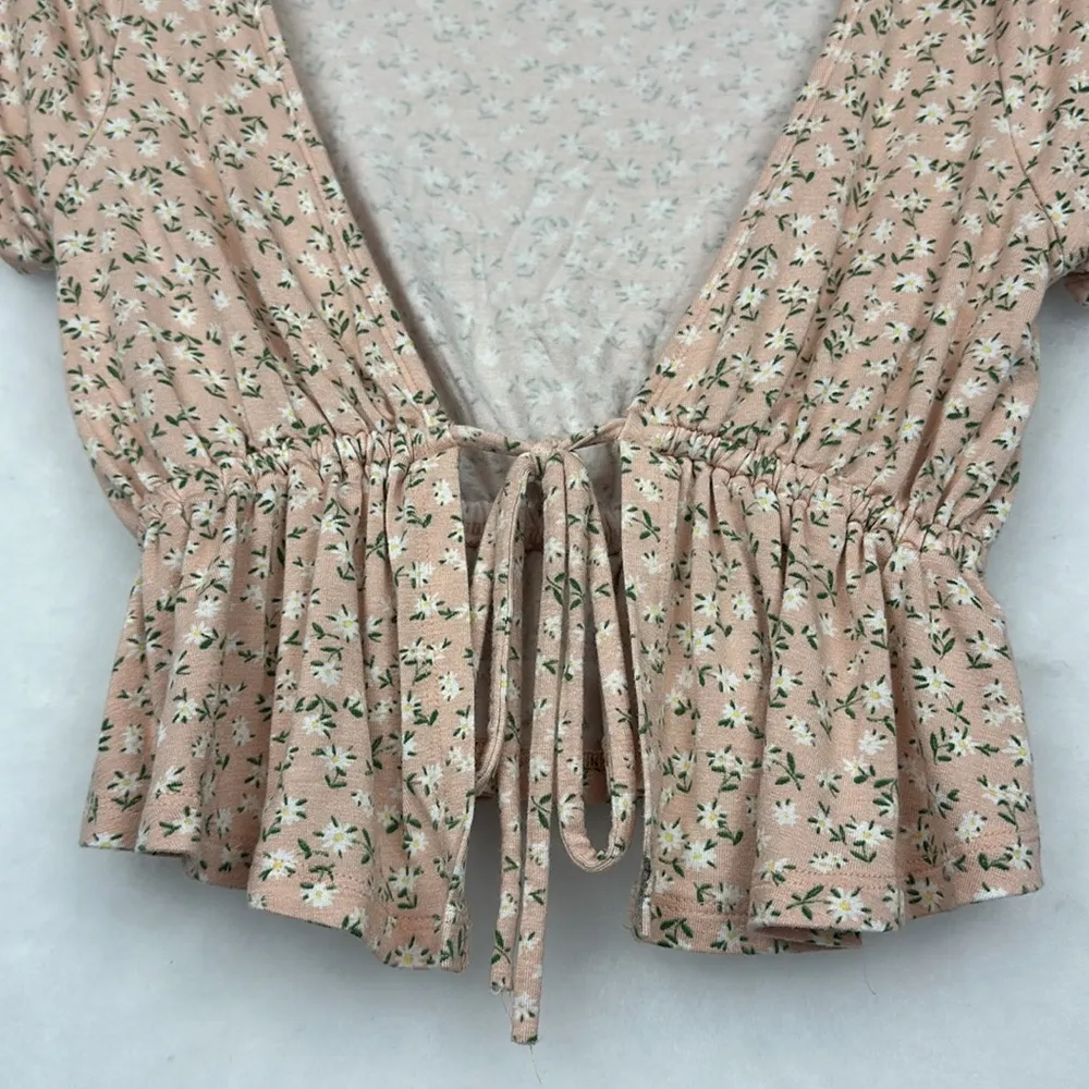 Womens Floral Print Peplum Pink Crop Top Tie Front Sz S Short Sleeves - Image 2