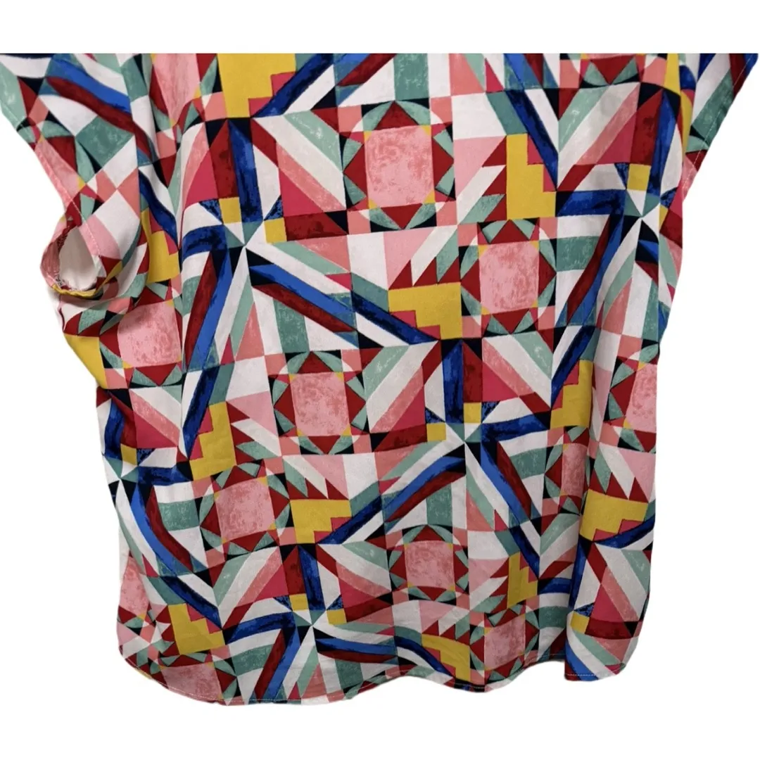 Van Heusen Geometric Short Sleeve Blouse Size XL Artsy Art to Wear Multicolor - Image 3