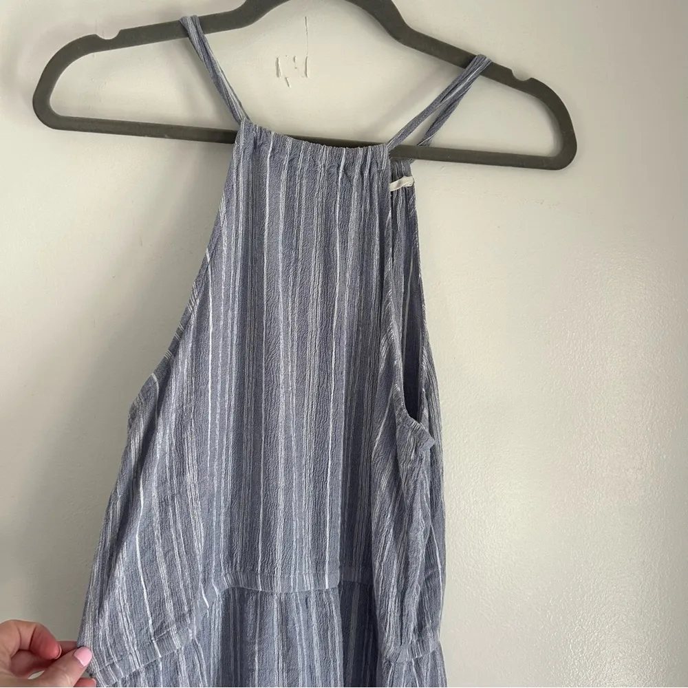 Lovestitch High Neck Chambray Blue Ivory Stripe Maxi Dress L - Image 11