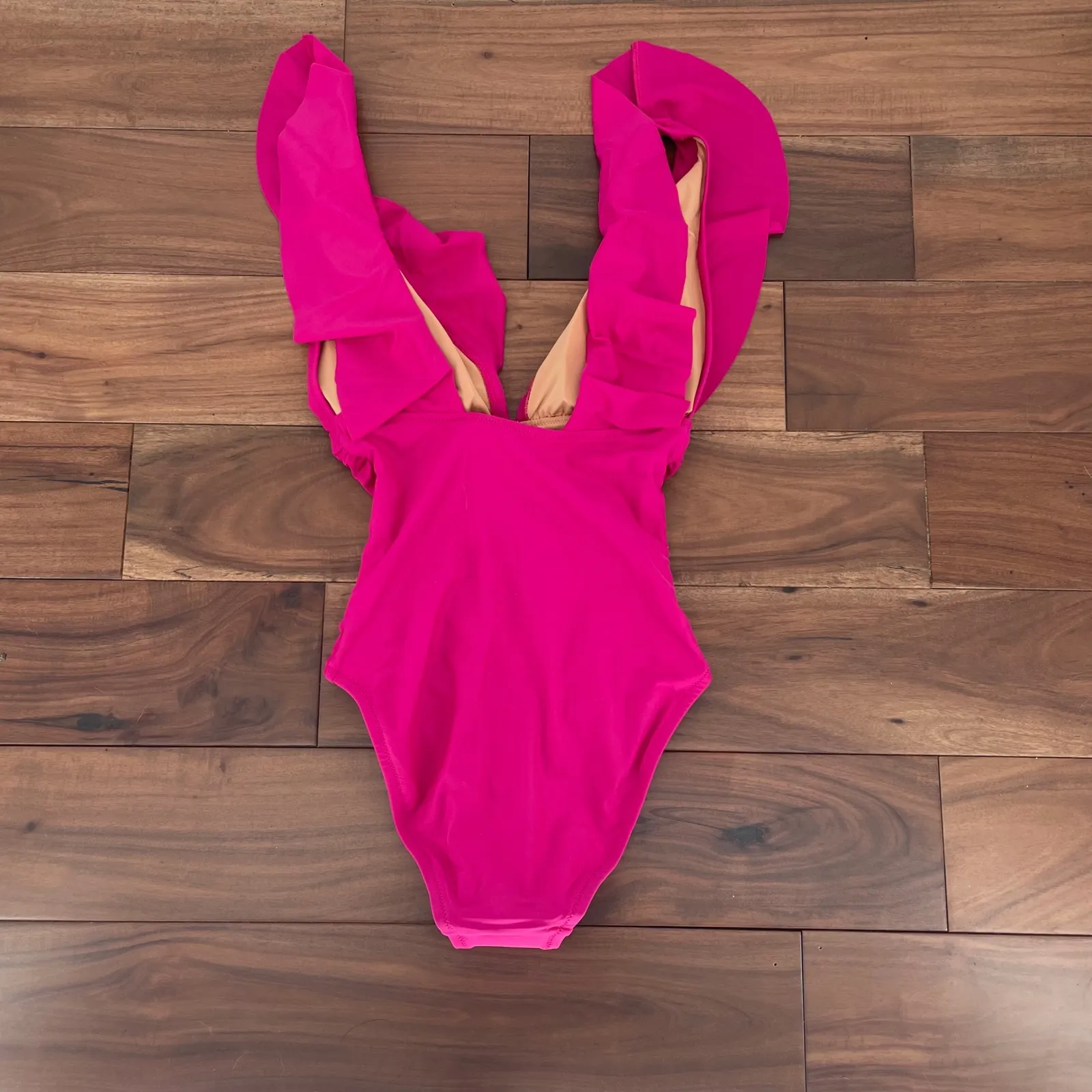 J.Crew RFU BP222 One Piece Swimsuit Deep V Ruffle One Shoulder Hot Pink Size 4 - Image 5