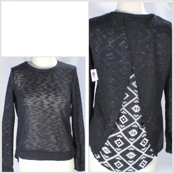 NWT Black Sheer Blouse Knit Long Sleeve Chiffon Back Size Medium - Image 2