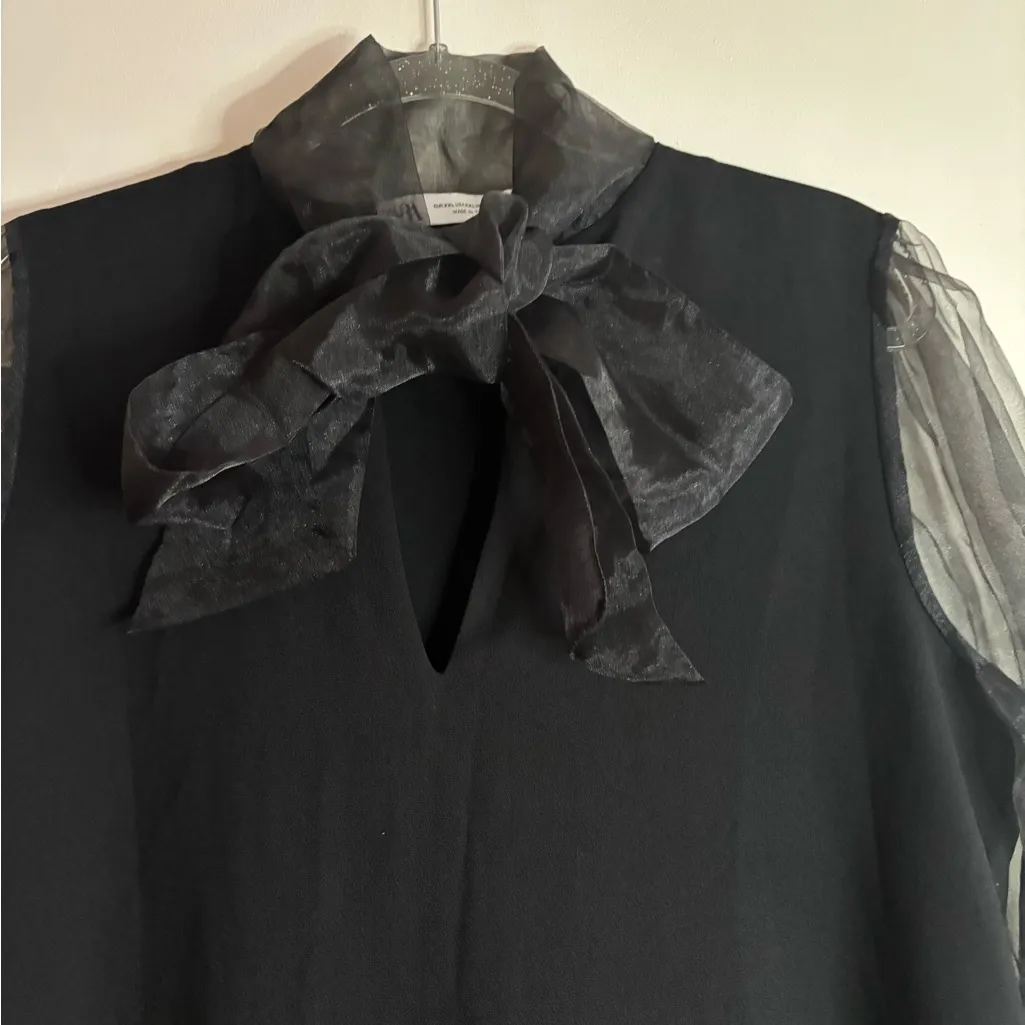 Zara Black Organza Bow Tie Neck with Sheer Puff Long Sleeves Dress size XXL - Image 5