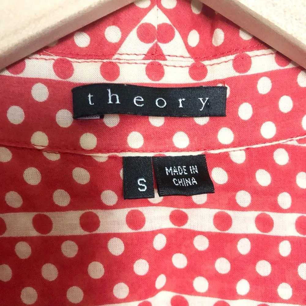 Theory Julina Red and Tan Dot Print Short Sleeve Wrap Front Top- Size S - Image 4