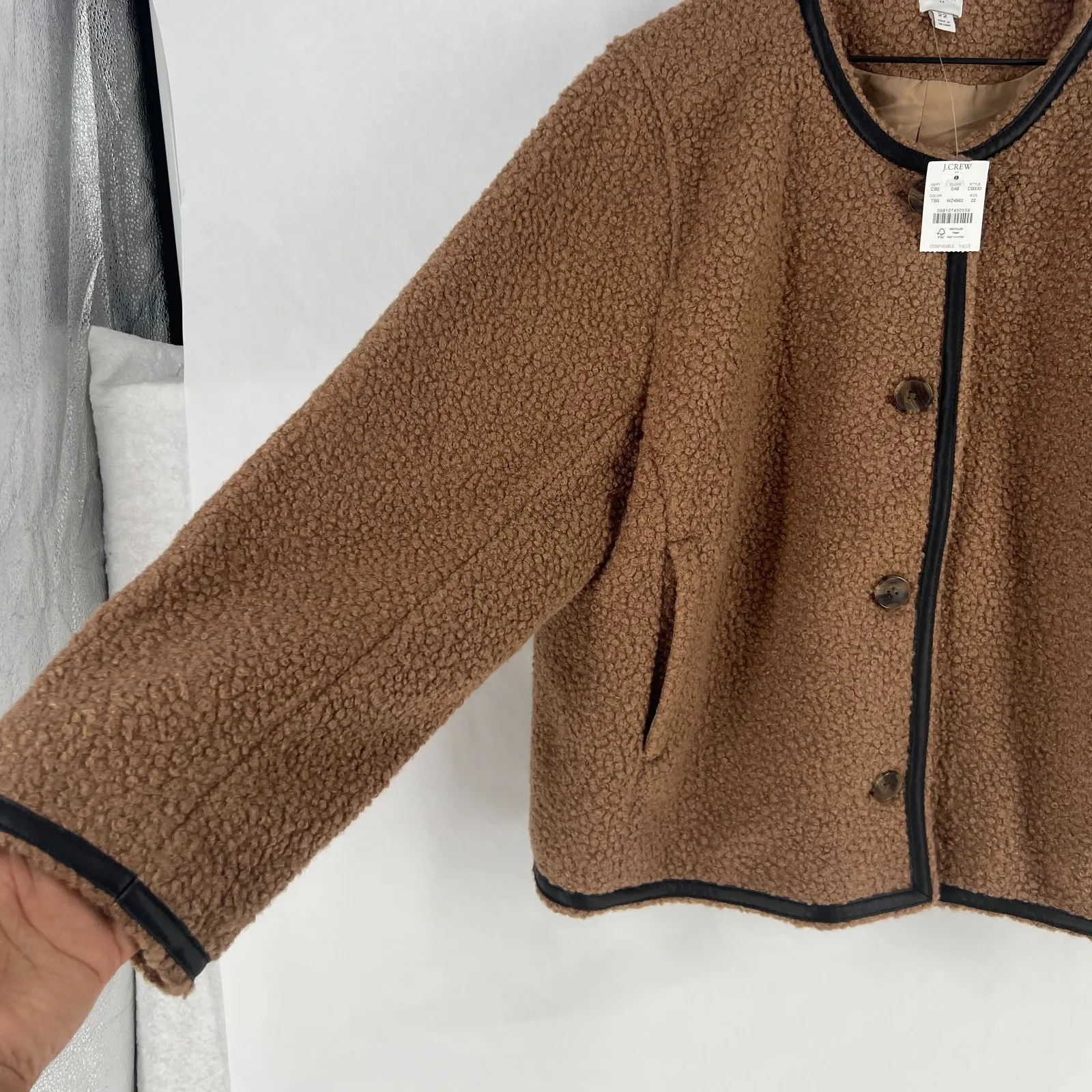 J.Crew Sherpa Jacket Womens 22 Toasted Brown Faux Fur Round Neck Long Sleeve Size undefined - Image 4