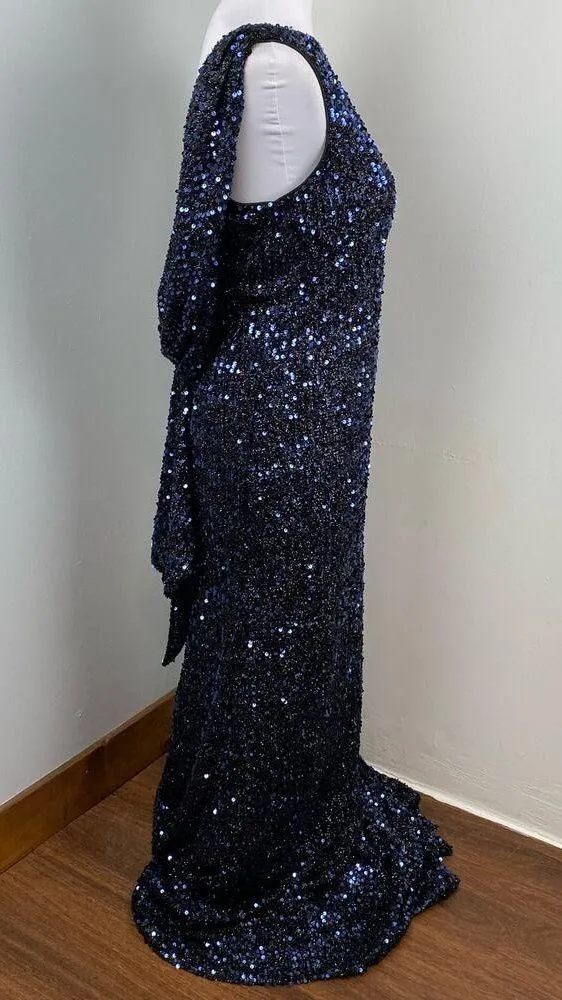 Mac Duggal Midnight Blue Cowl Back Boat Neck Sequined Evening Gown 12 $398 26331 - Image 9