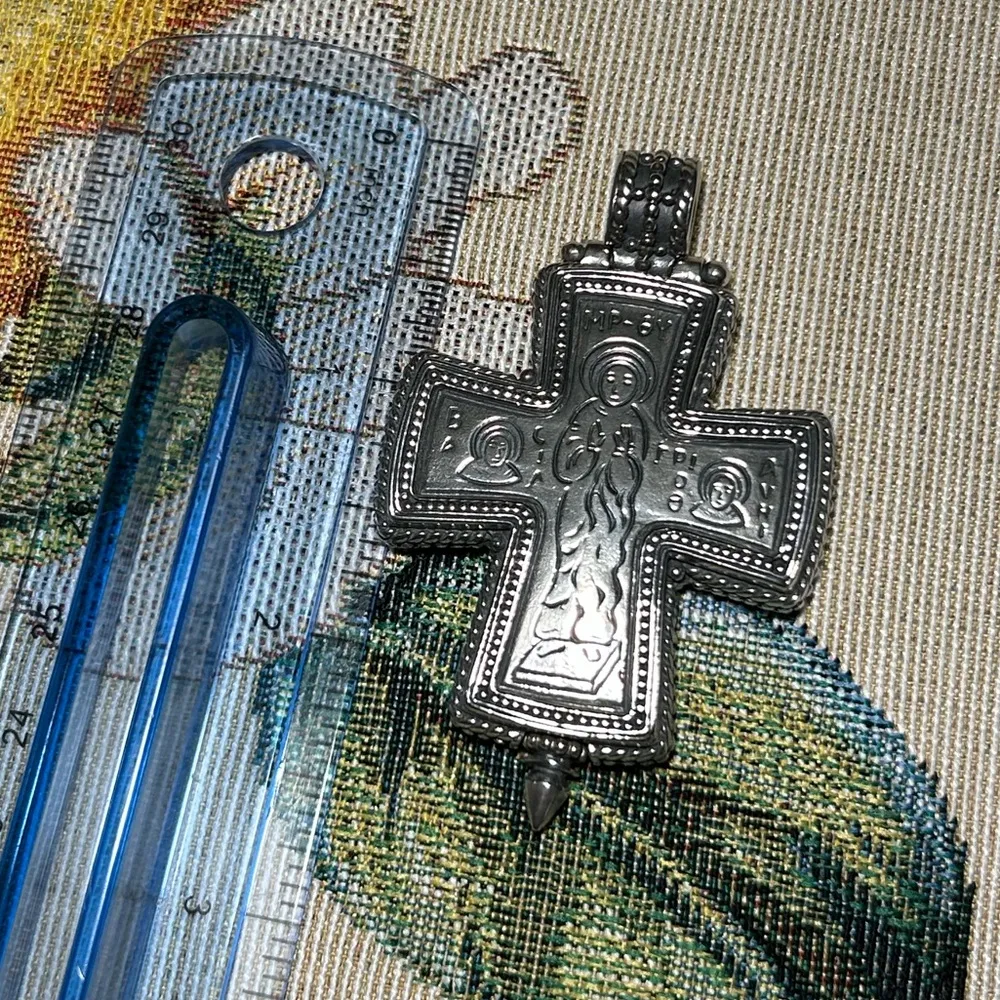 Konstantino Greece Sterling Silver 925 Etched Mother of God Cross Pendant - Image 16