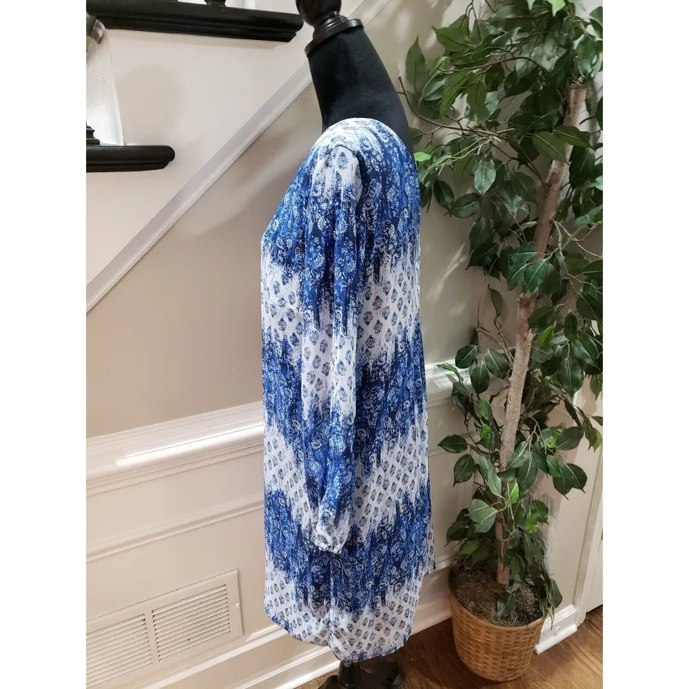 Emma & Michele Womens Blue White Floral Polyester V Neck Knee Length Dress Large - Image 6