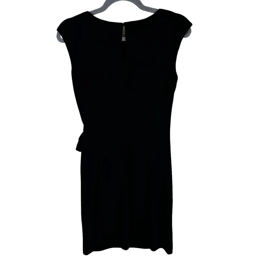 Chetta B Black Cap Sleeve Round Neck Faux Wrap Knee Length Jersey Knit Dress 6 - Image 2