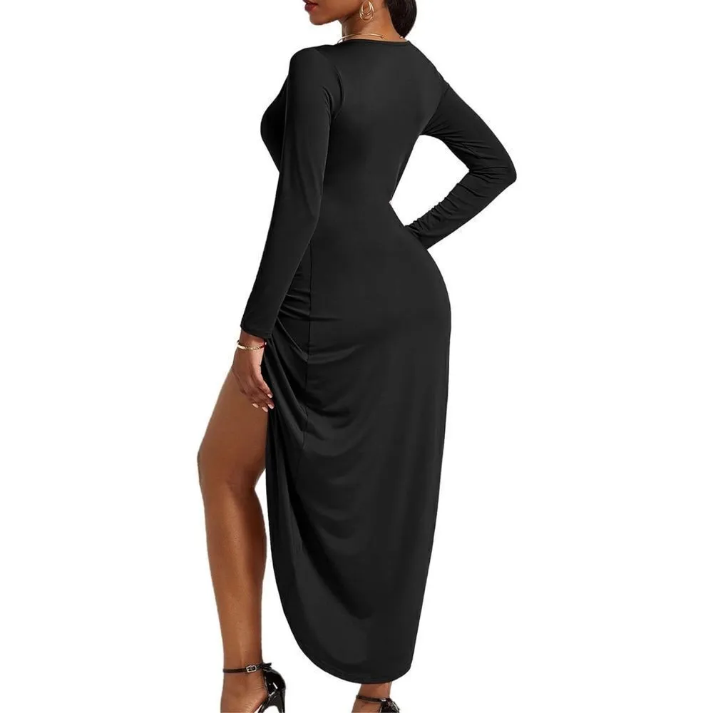 NEW V Neck Ruched Wrap Slit Hem Bodycon Midi Dress XL Black - Image 2