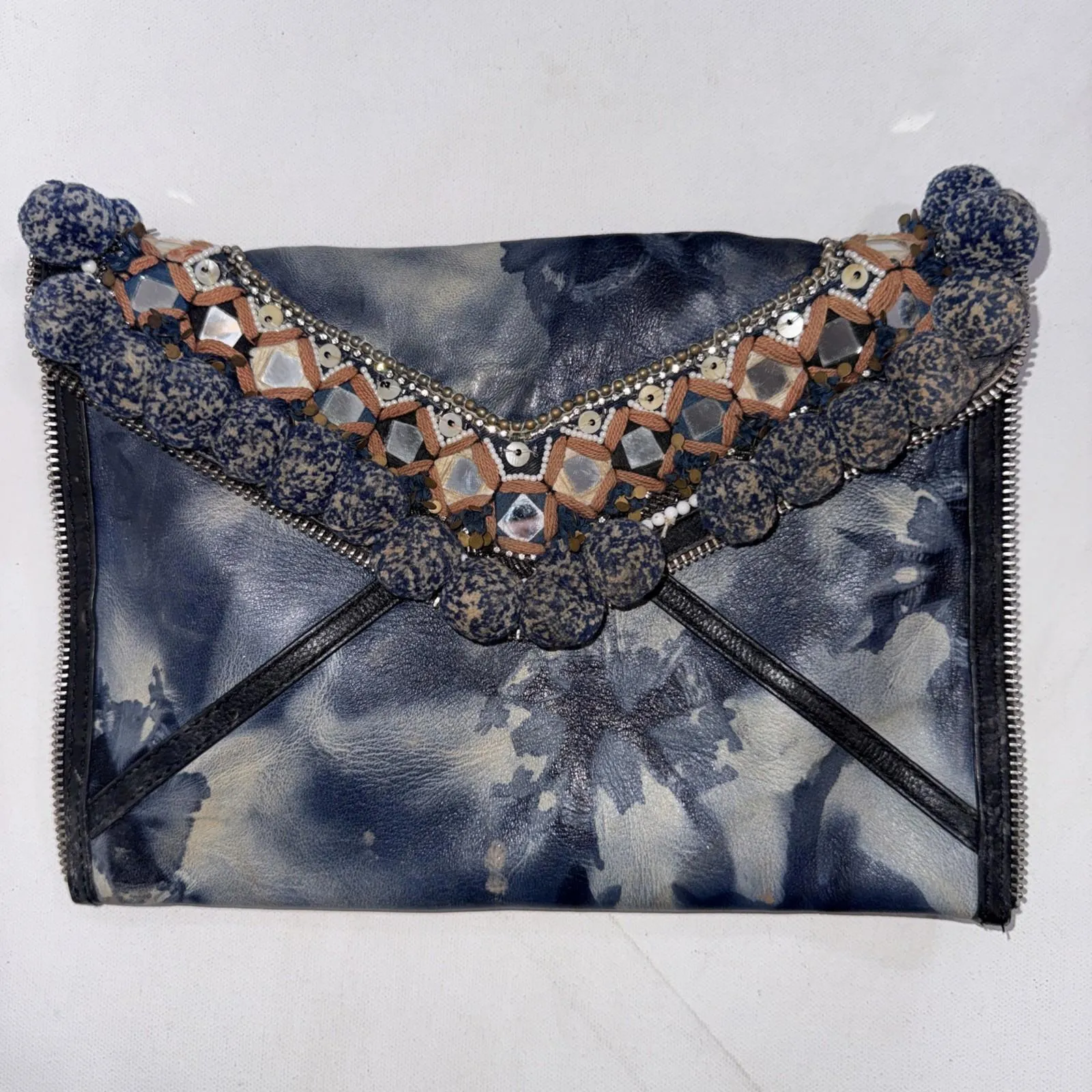 Rebecca Minkoff Dreamy Pom Leo Blue Leather Envelope Tie Dye Bohemian Clutch - Image 2