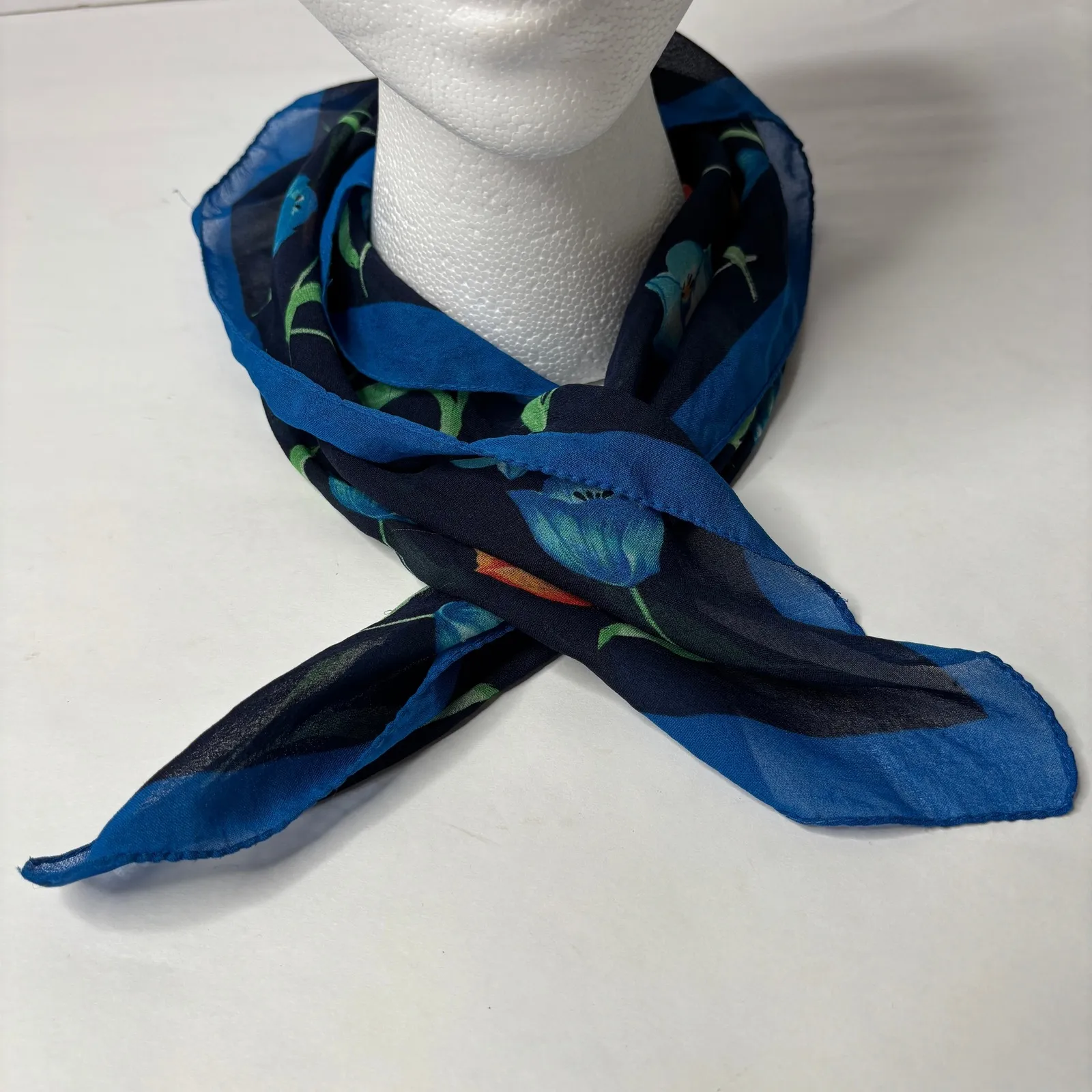 Vintage Holland Tulip Floral Square Scarf Blue Black Flowers VTG Gift Dutch - Image 6