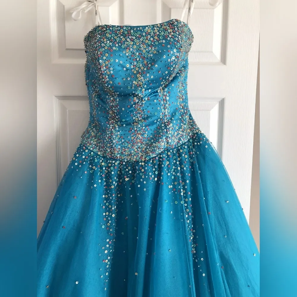 Vintage Y2K Elegant Blue Strapless Prom Dress Size 12 - Image 7