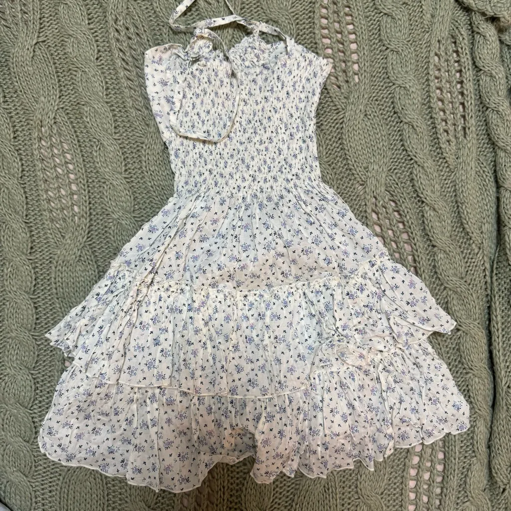 CB Positano Blue Floral Smocked Lacrosse Tie Detail Dress - Image 3