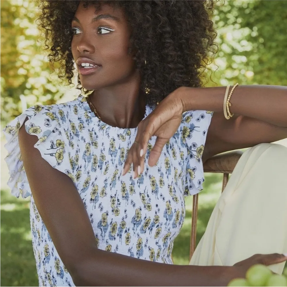 GOLDIE LEWINTER ELASTIC SMOCK FLOUNCE FLUTTER SHORT SLEEVE PRAIRIE SLUB TOP XS - Image 2