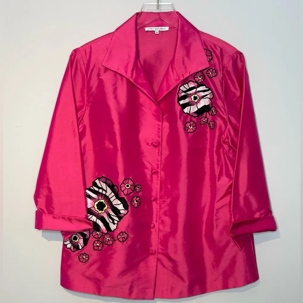 Marisa Baratelli Vibrant Pink Silk Floral Embroidered Blouse Jacket Size 12 - Image 10